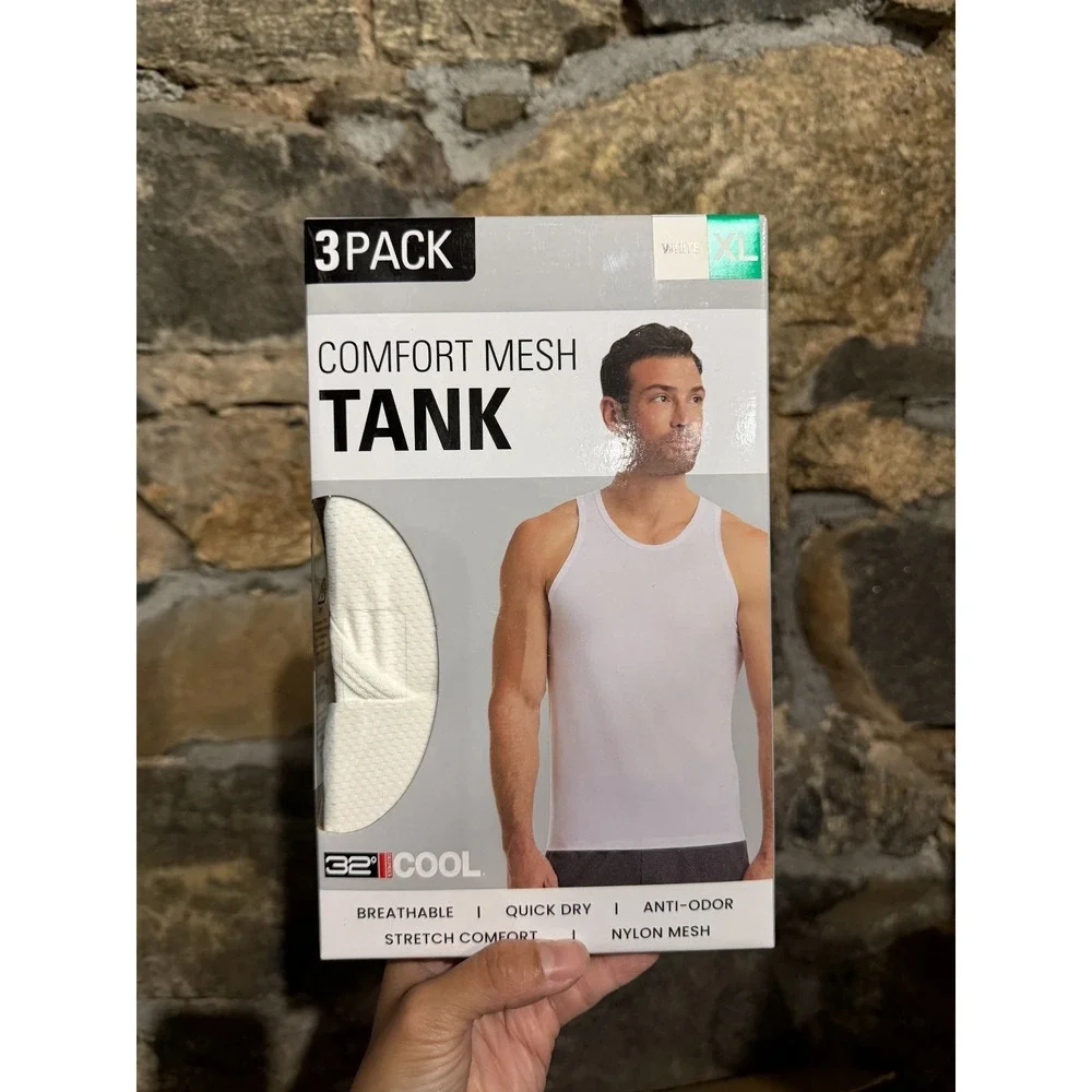 32 Degrees Cool Men's 3-Pack Comfort Mesh Tank T-Shirt, White, Size XL